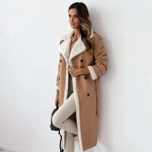 Elena Long Shearling-Lined Coat – Women’s Double-Breasted Winter Trench with Warm Faux Fur Interior