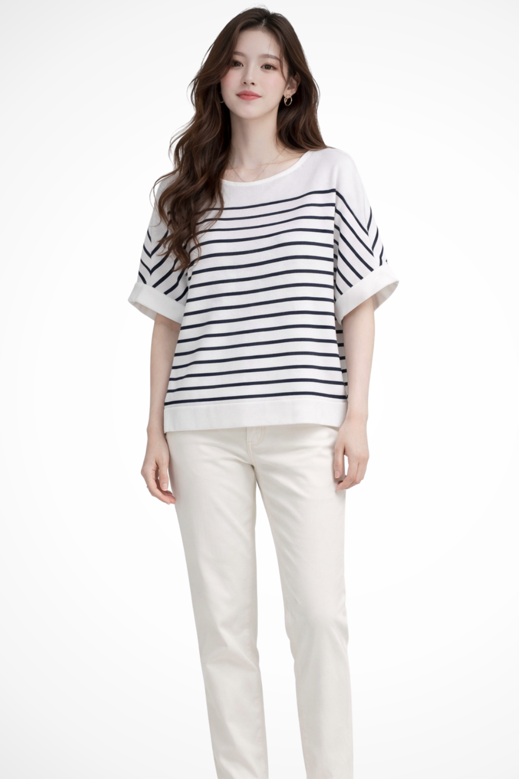 Tilda | Women Oversized Round Neck Half Sleeve Striped Shirt