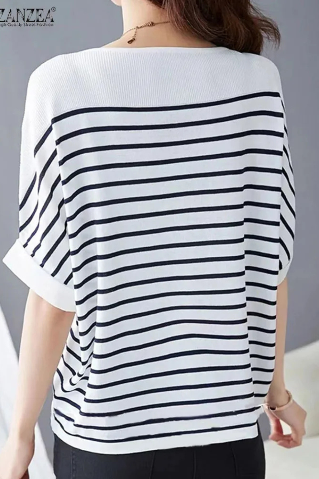 Tilda | Women Oversized Round Neck Half Sleeve Striped Shirt
