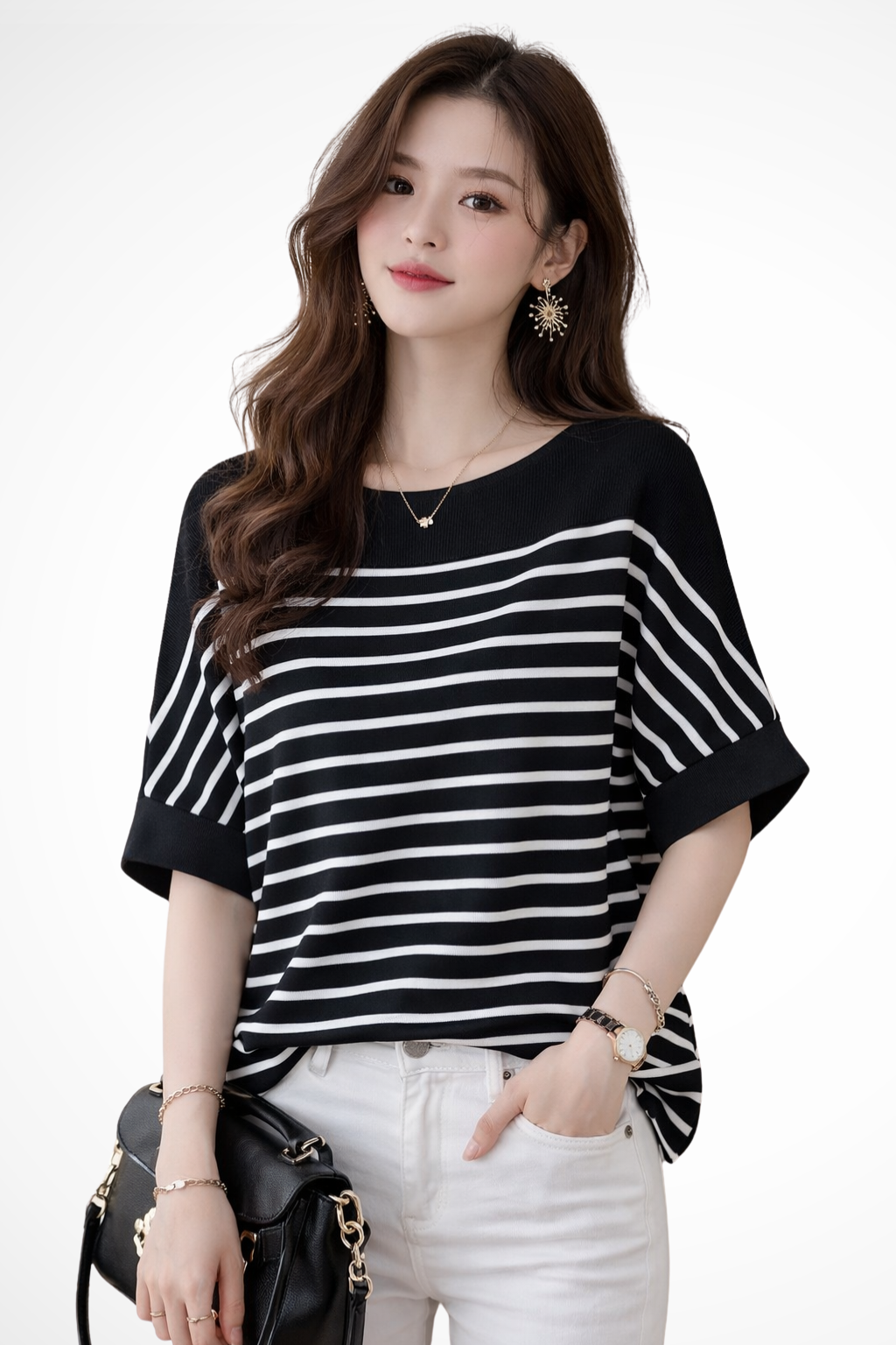 Tilda | Women Oversized Round Neck Half Sleeve Striped Shirt