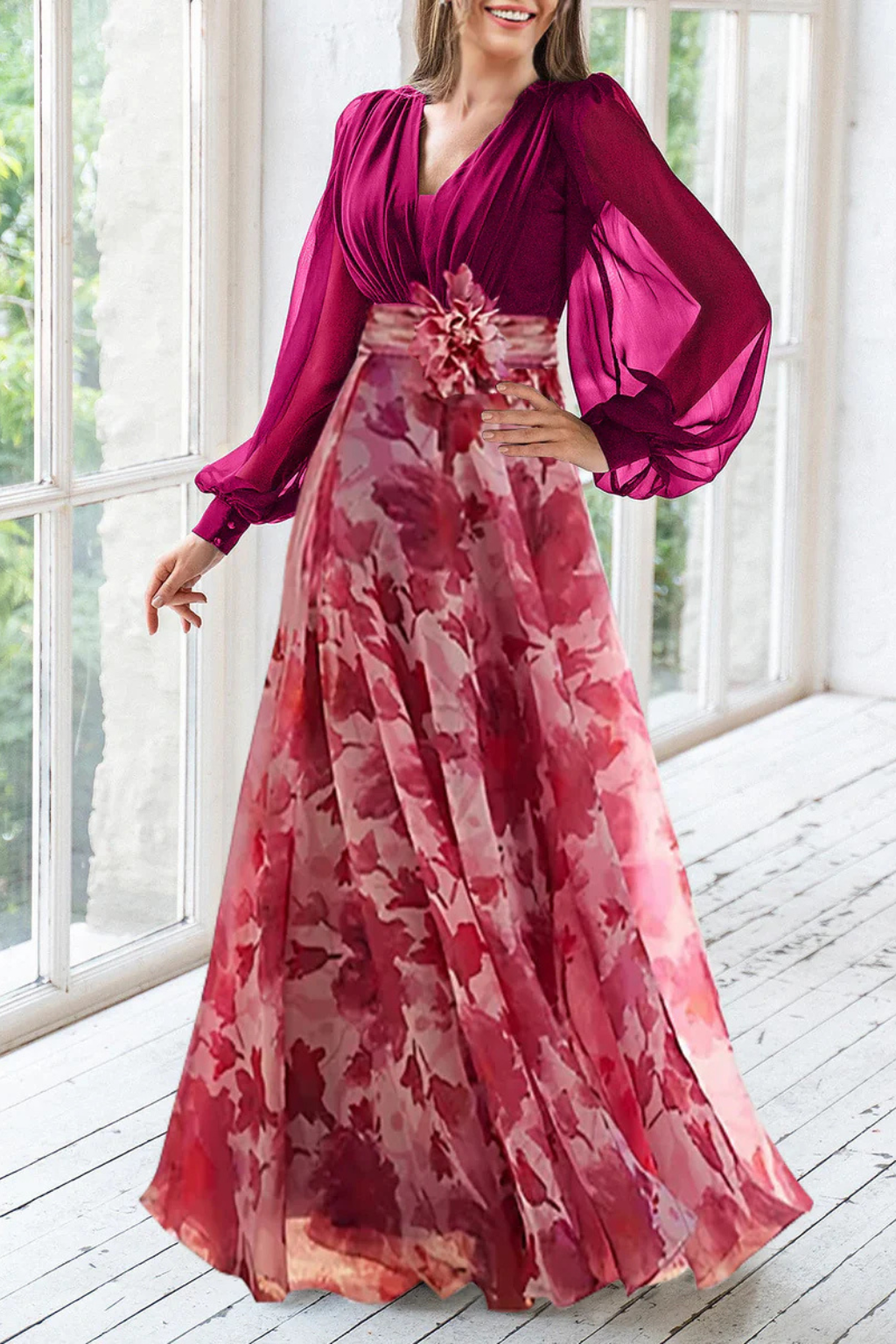 Valentina | Women V Neck Balloon Sleeve Floral Print Maxi Wedding Guest Dress