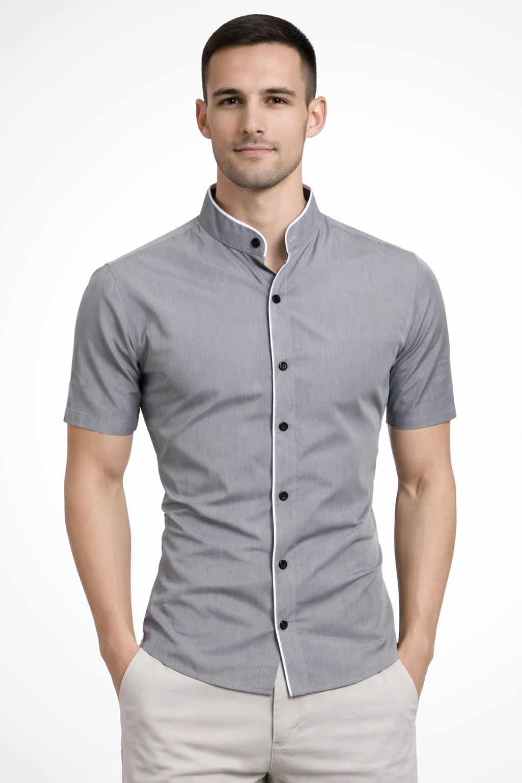 Finlay | Men Buttoned Slim Fit Short Sleeve Shirt with Stand Collar