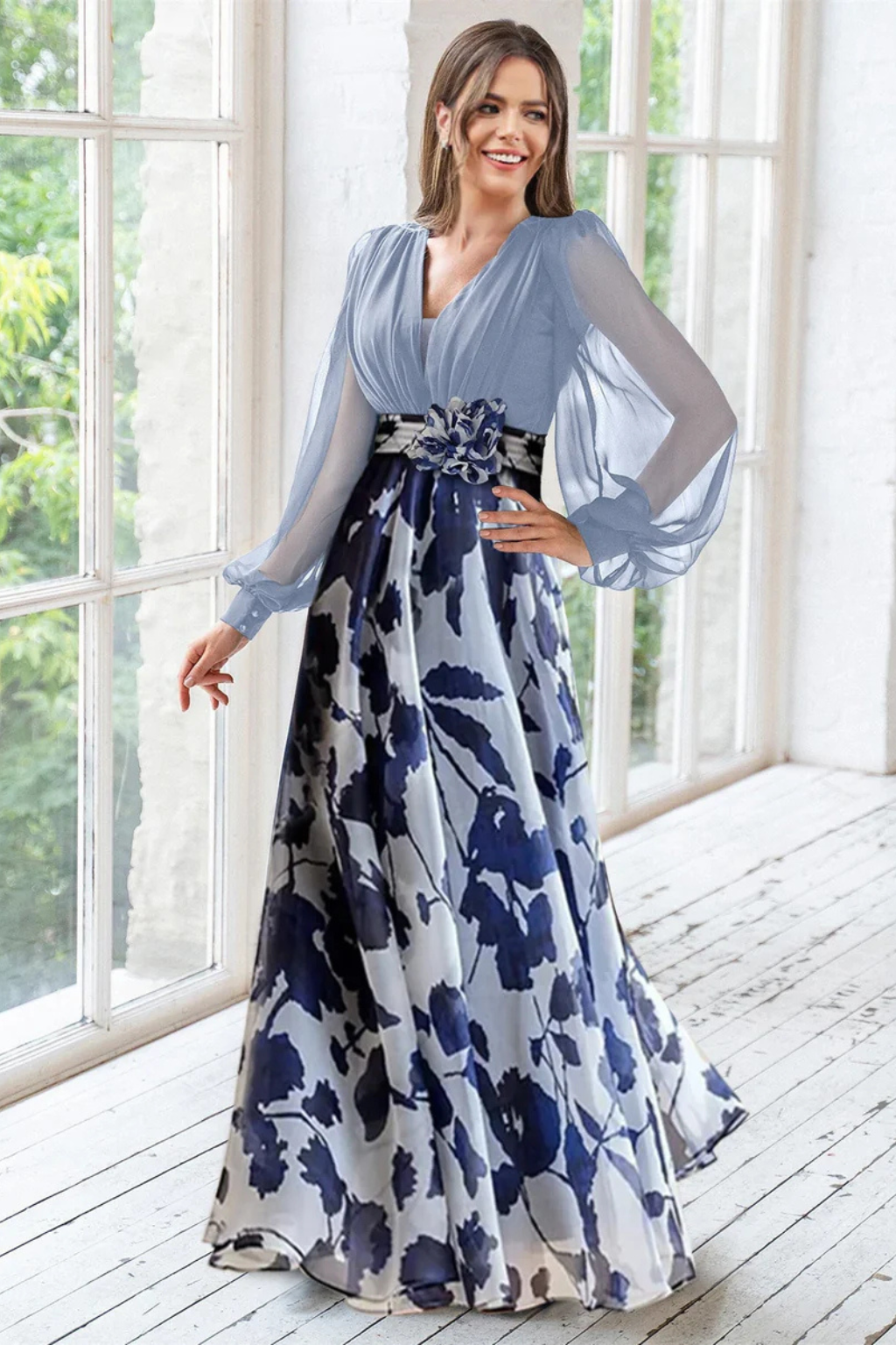 Valentina | Women V Neck Balloon Sleeve Floral Print Maxi Wedding Guest Dress