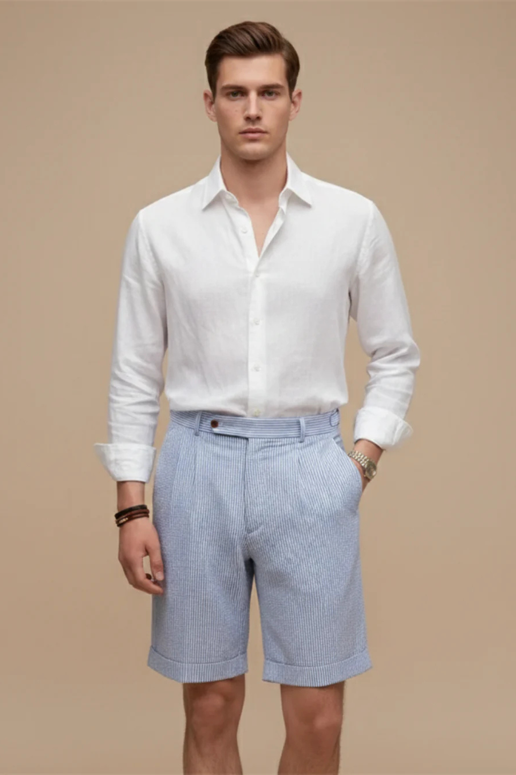 Scott | Men High Waist Striped Seersucker Pleated Turn Up Hem Chino Shorts