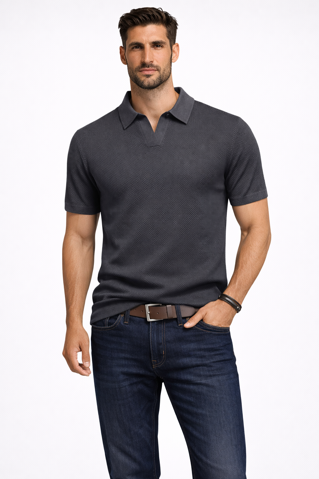 Alden | Men Textured Knit Short Sleeve Polo Shirt