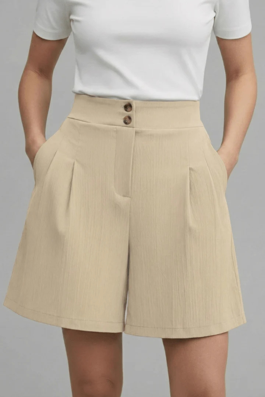 Winnie | Women High Waist Button Front Pleated Tailored Bermuda Shorts