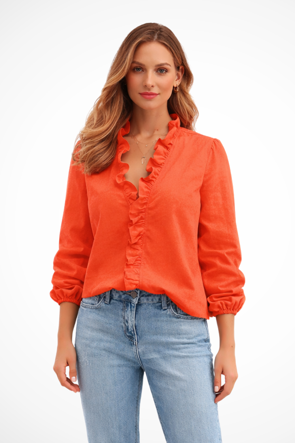 Arabella | Women Ruffle Trim V Neck Long Sleeve Blouse