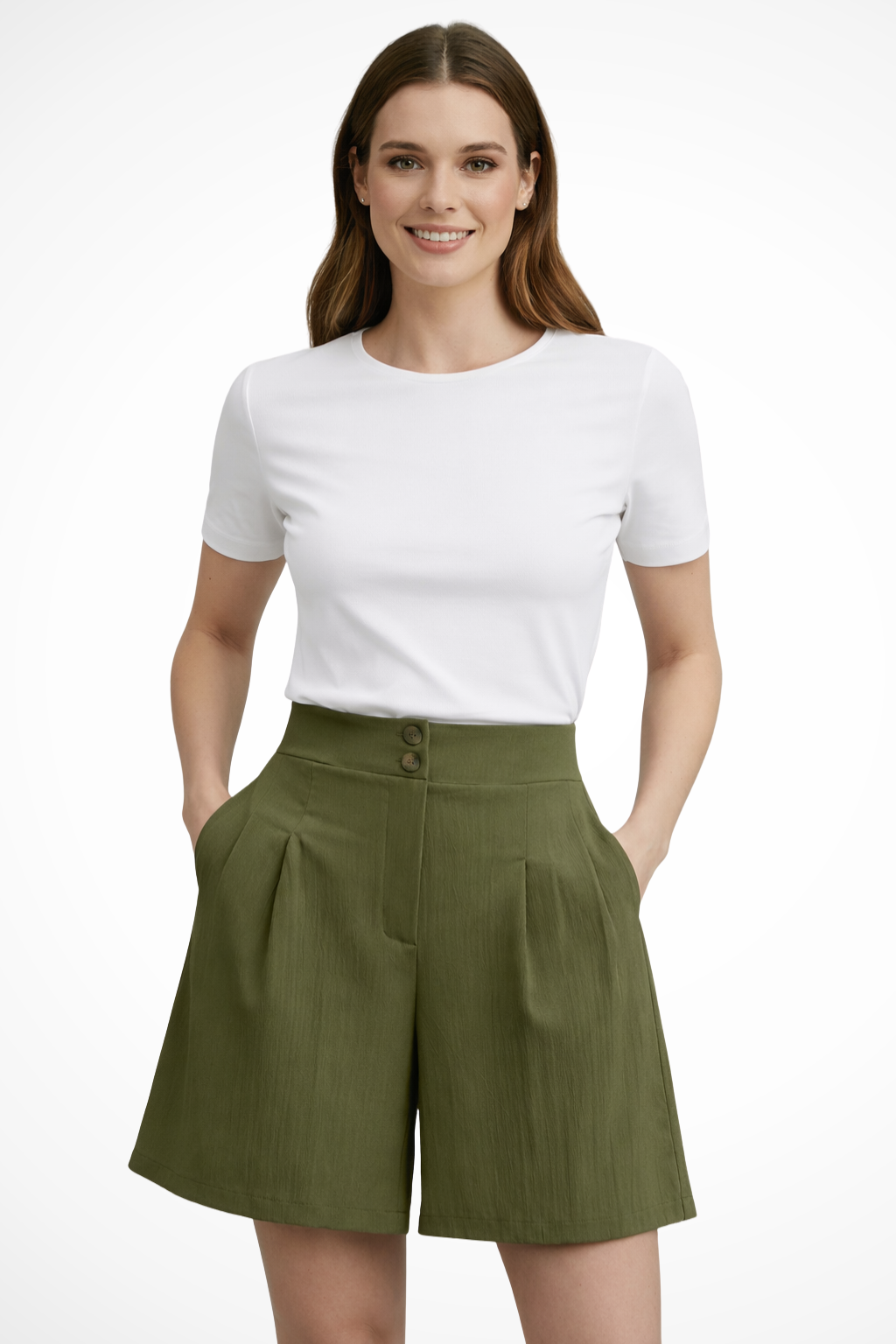 Winnie | Women High Waist Button Front Pleated Tailored Bermuda Shorts
