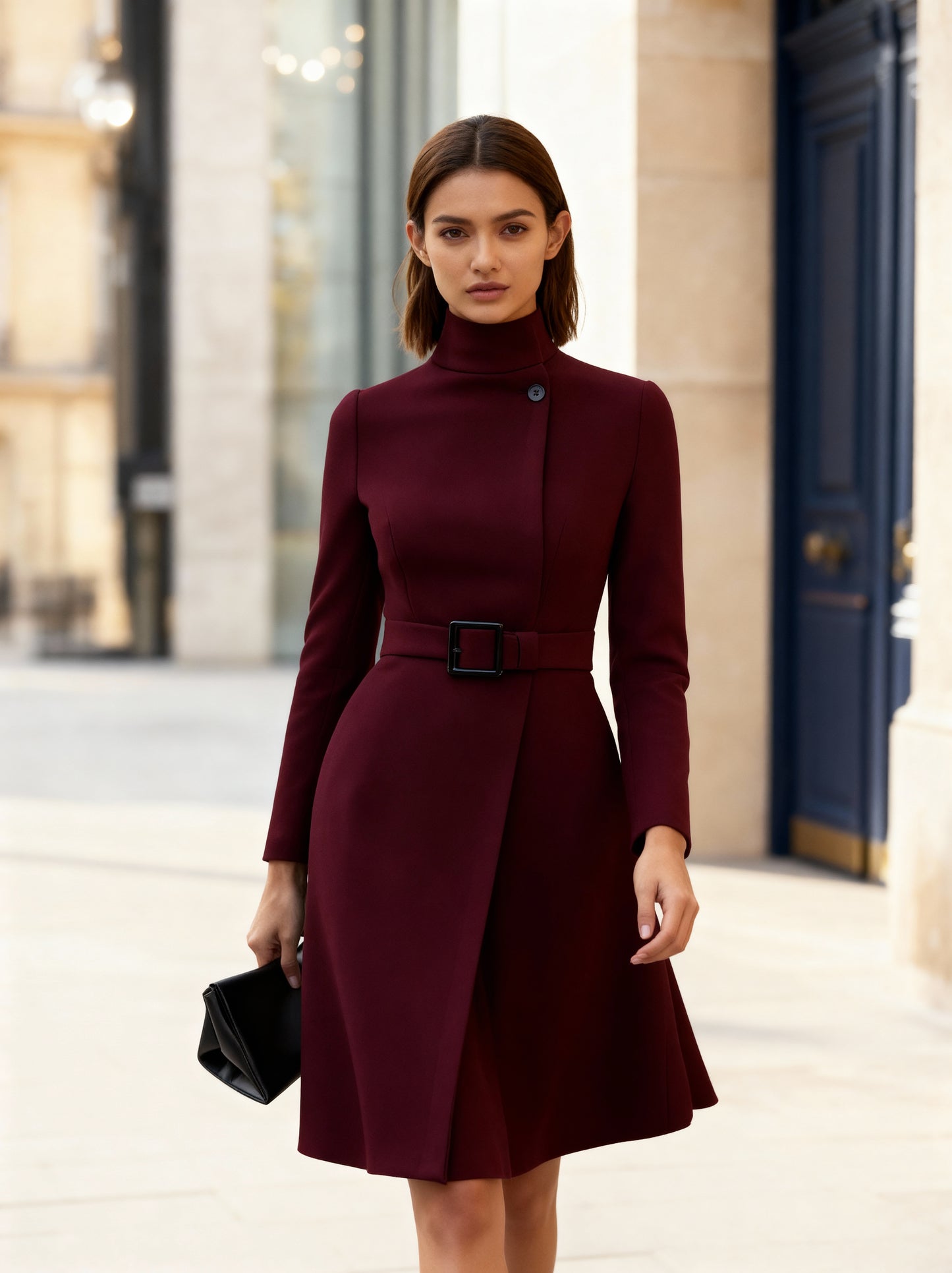 Mariste Women’s High-Neck A-Line Dress – Belted Modern Silhouette