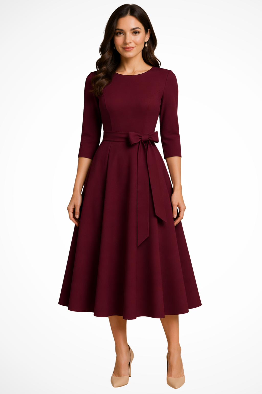 Cordelia | Women Bateau Neck Half Sleeve Pleated A Line Midi Wedding Guest Dress