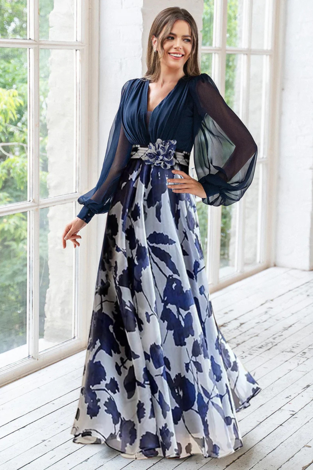 Valentina | Women V Neck Balloon Sleeve Floral Print Maxi Wedding Guest Dress