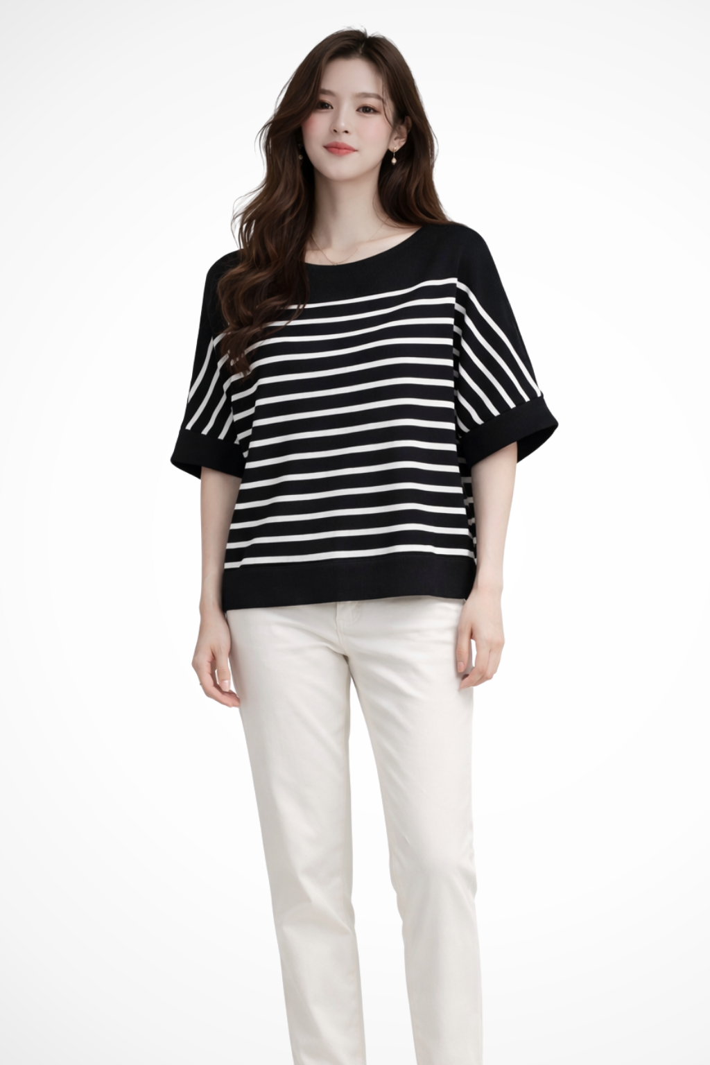 Tilda | Women Oversized Round Neck Half Sleeve Striped Shirt