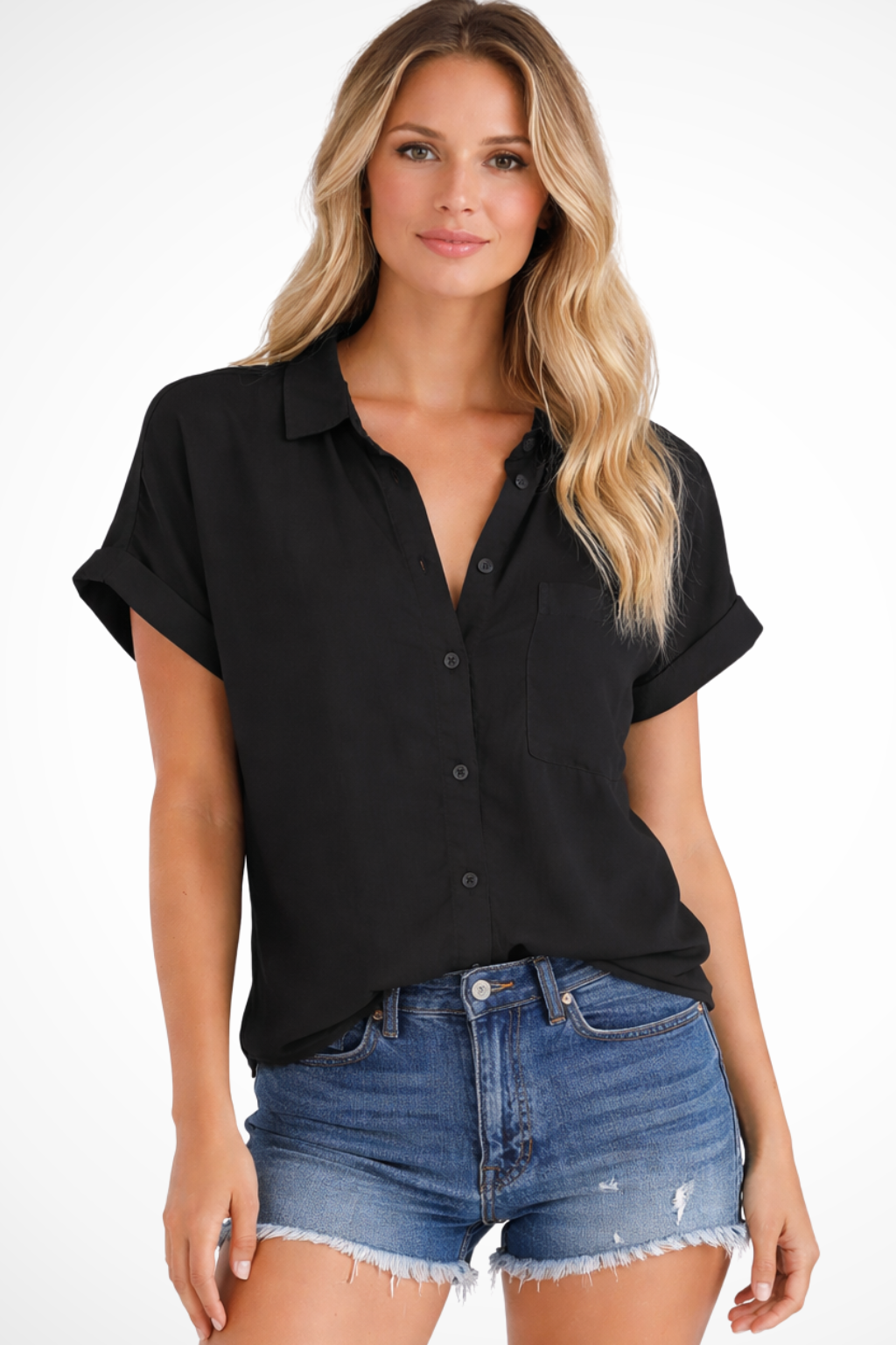 Phoebe | Women Short Sleeve Button Down Oversized Shirt with Chest Pocket