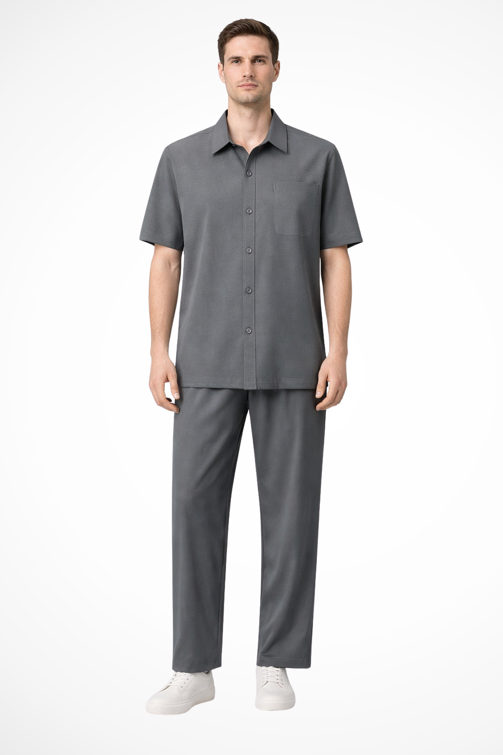 James | Men Lapel Short Sleeve Button Shirt and Elasticated Waist Trouser Set
