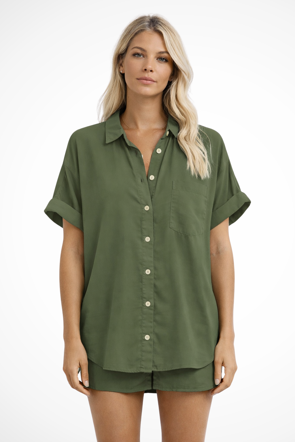 Phoebe | Women Short Sleeve Button Down Oversized Shirt with Chest Pocket