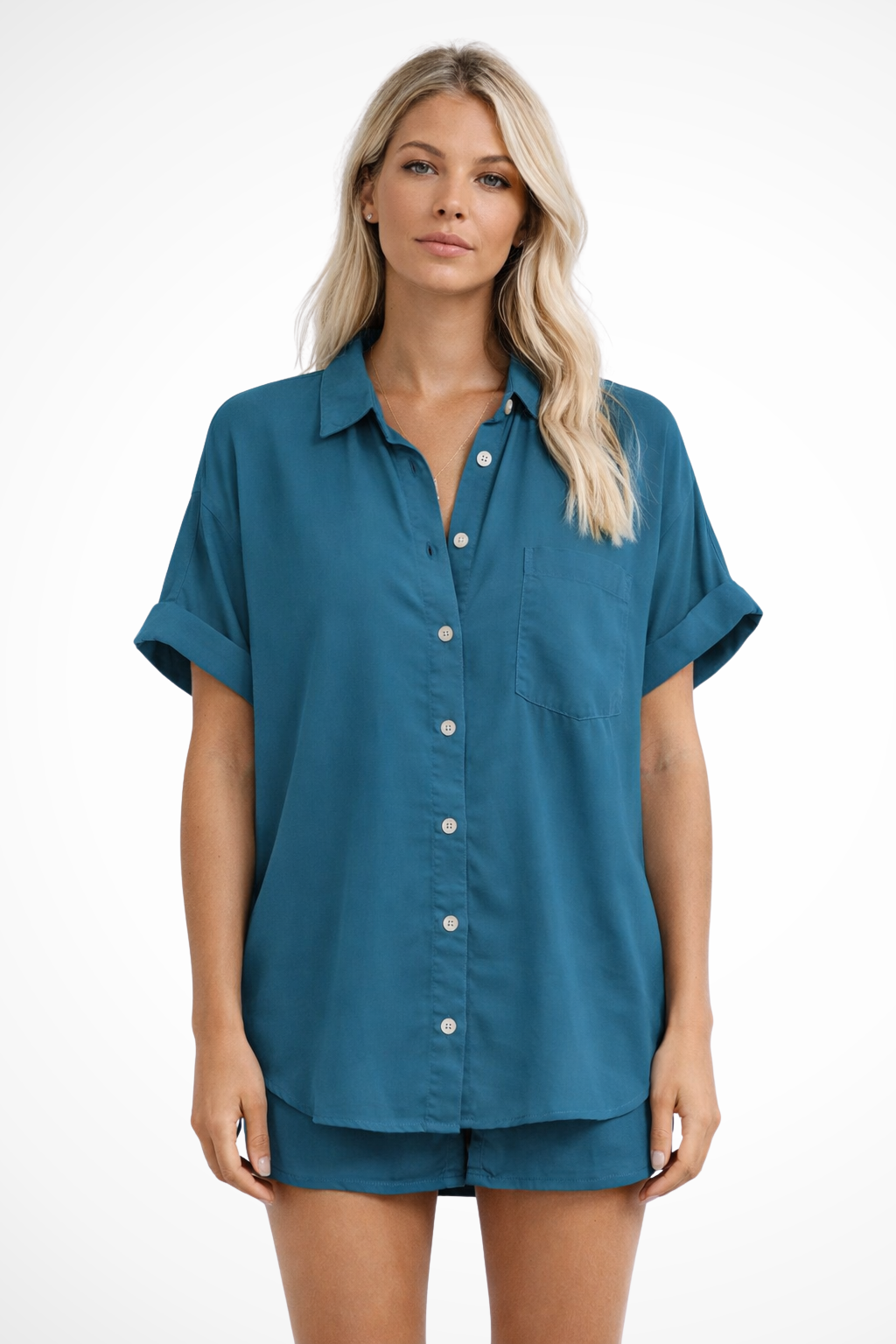 Phoebe | Women Short Sleeve Button Down Oversized Shirt with Chest Pocket