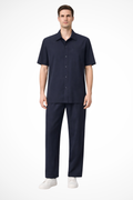 James | Men Lapel Short Sleeve Button Shirt and Elasticated Waist Trouser Set