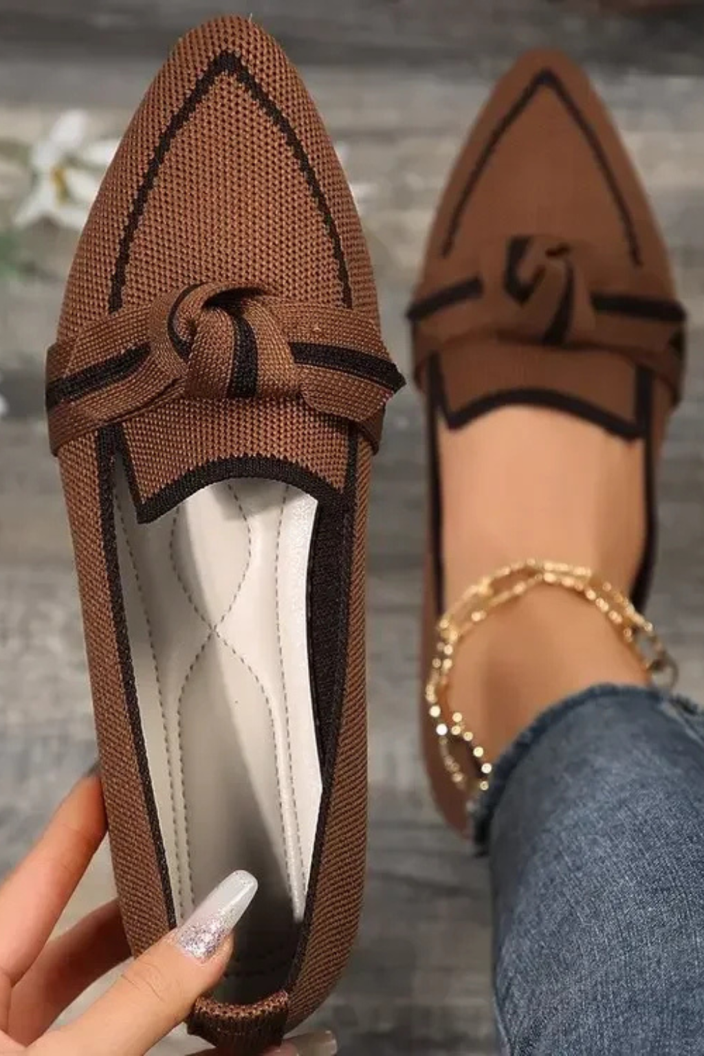 Celina | Women Pointed Toe Knit Bow Detail Ballet Flats