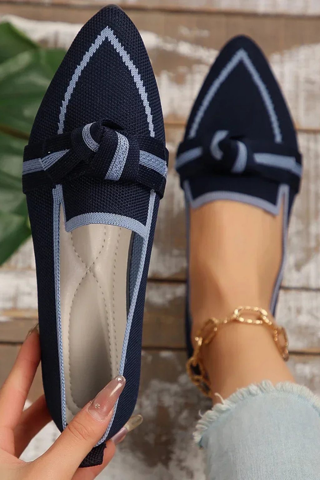 Celina | Women Pointed Toe Knit Bow Detail Ballet Flats