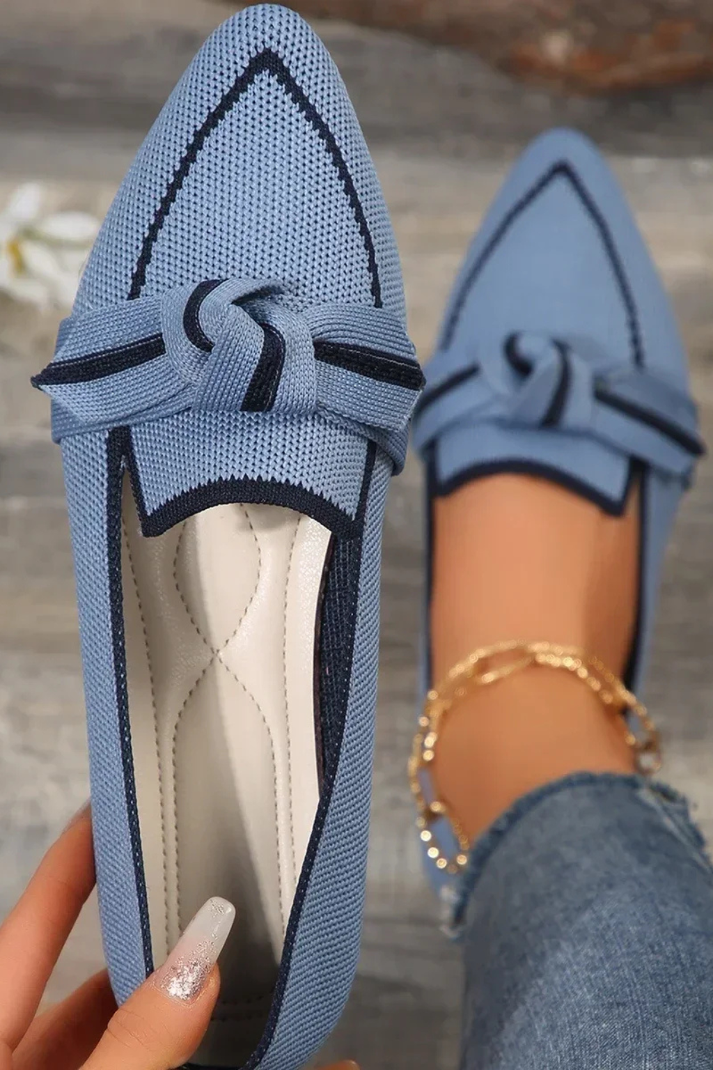 Celina | Women Pointed Toe Knit Bow Detail Ballet Flats