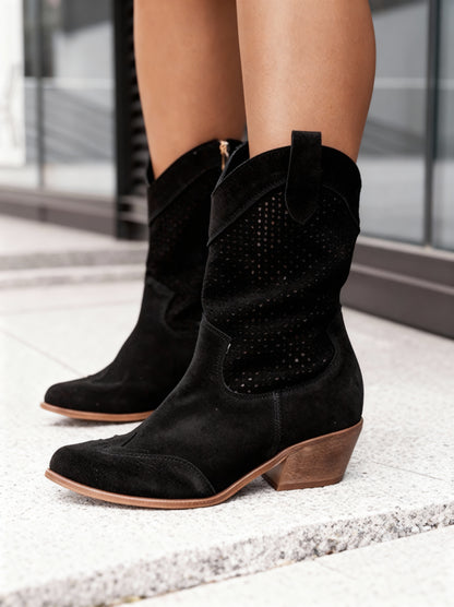 Savannah Mid-Calf Western Boots – Women’s Cowboy Style Suede Boots with Block Heel