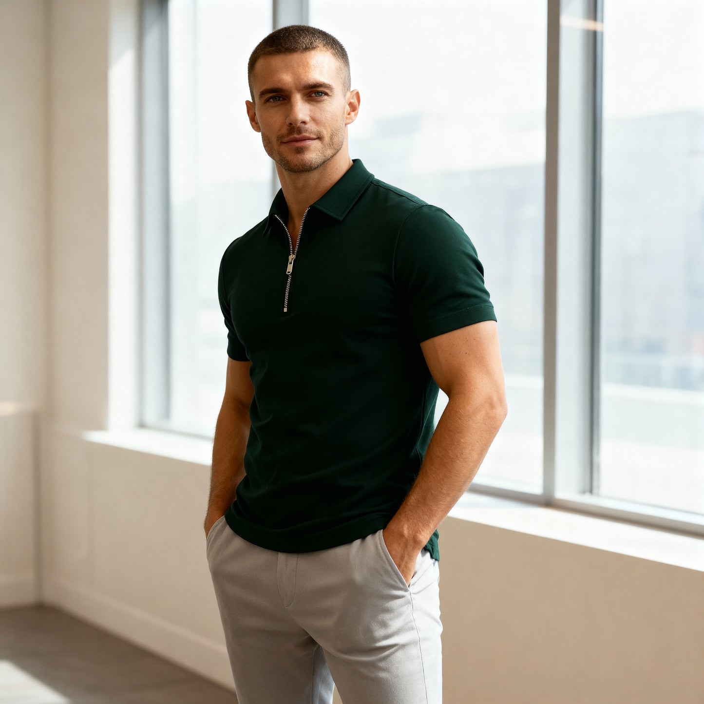 Alex Zip Polo Shirt – Men's Modern Fit Short Sleeve Polo for Smart Casual Style