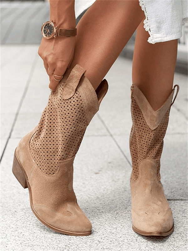 Savannah Mid-Calf Western Boots – Women’s Cowboy Style Suede Boots with Block Heel