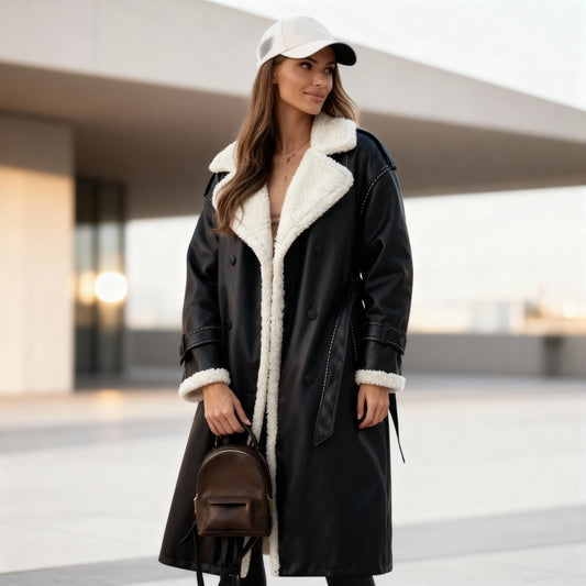 Elena Long Shearling-Lined Coat – Women’s Double-Breasted Winter Trench with Warm Faux Fur Interior