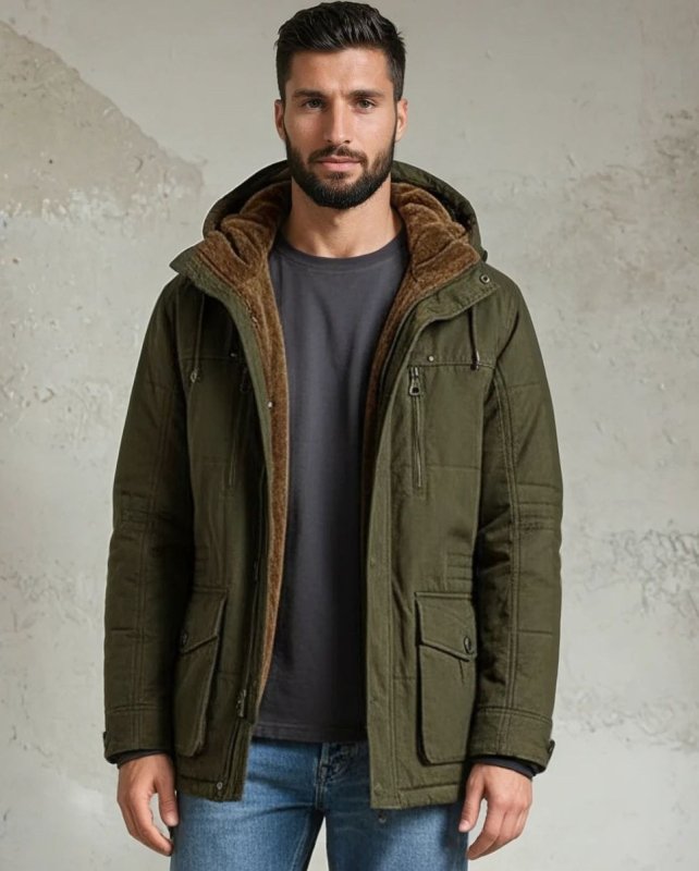 Hunter Winter Parka – Men's Fleece-Lined Jacket with Detachable Hood & Utility Pockets