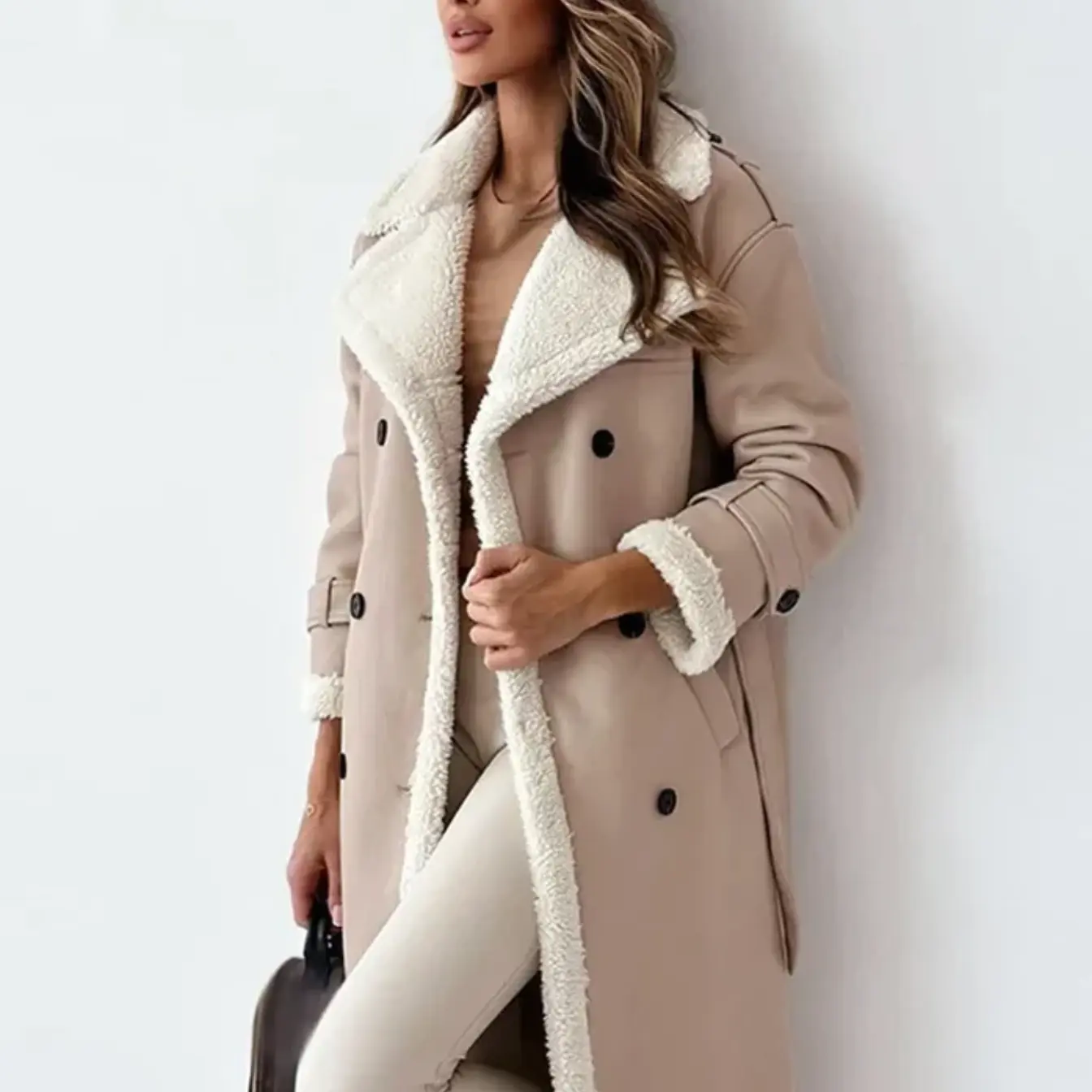 Elena Long Shearling-Lined Coat – Women’s Double-Breasted Winter Trench with Warm Faux Fur Interior