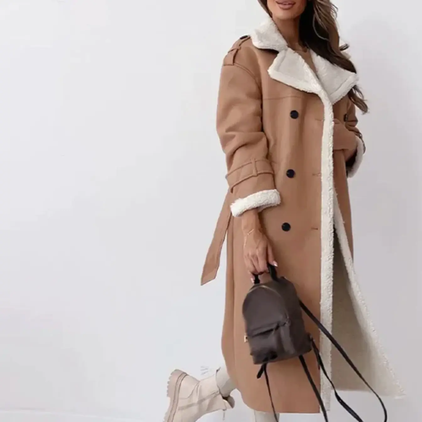 Elena Long Shearling-Lined Coat – Women’s Double-Breasted Winter Trench with Warm Faux Fur Interior