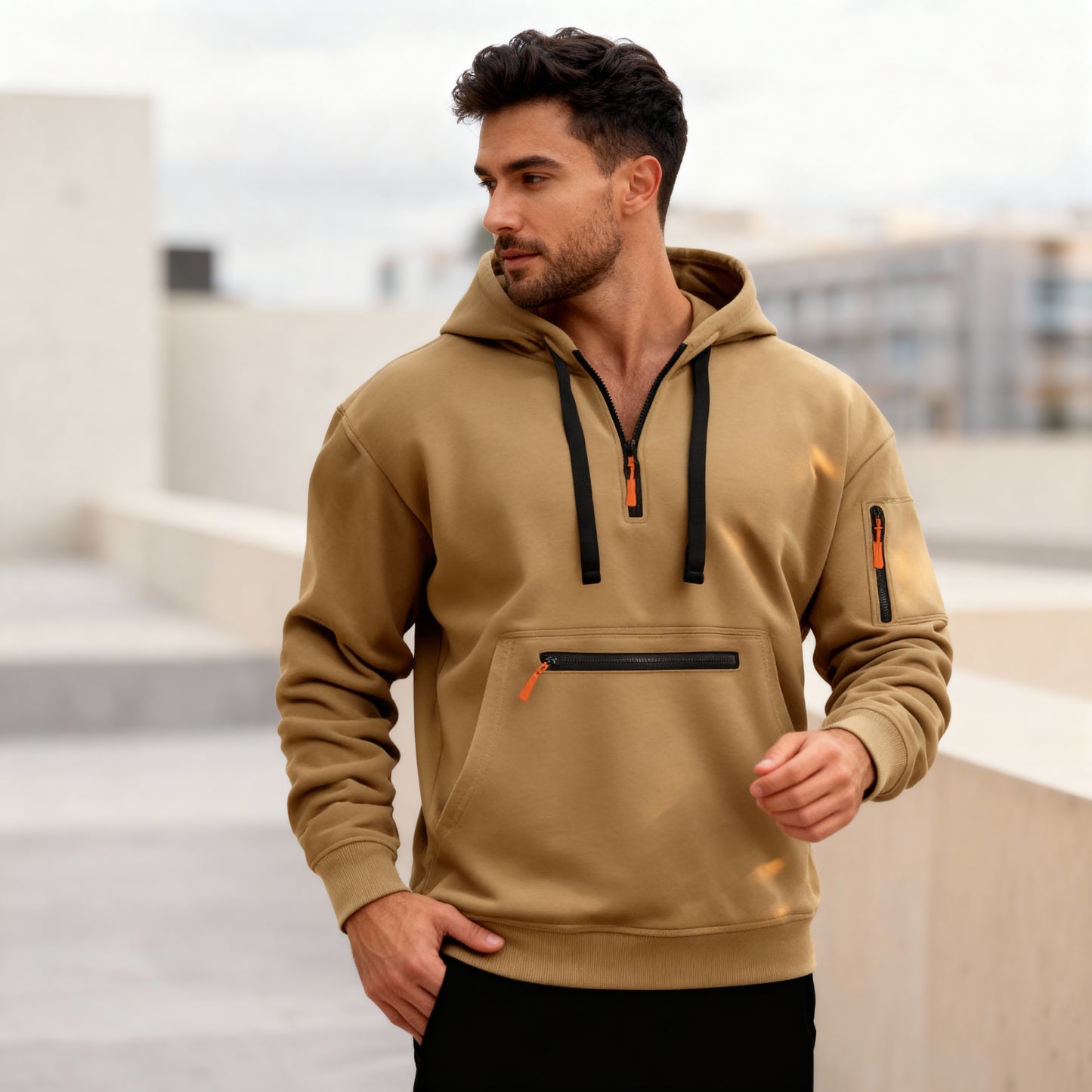 Logan Zip Hoodie – Men's Utility Pullover with Hood and Multi-Pocket Street Style